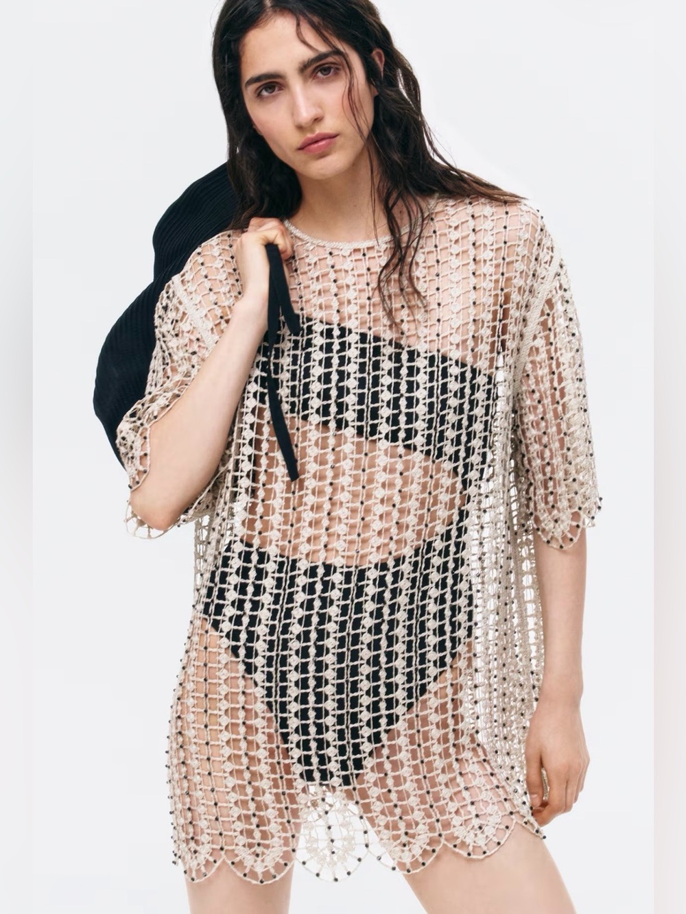 NWT H&M Edition WOMEN Crochet-Look  Top Or Coverup (Light Taupe/Black) M